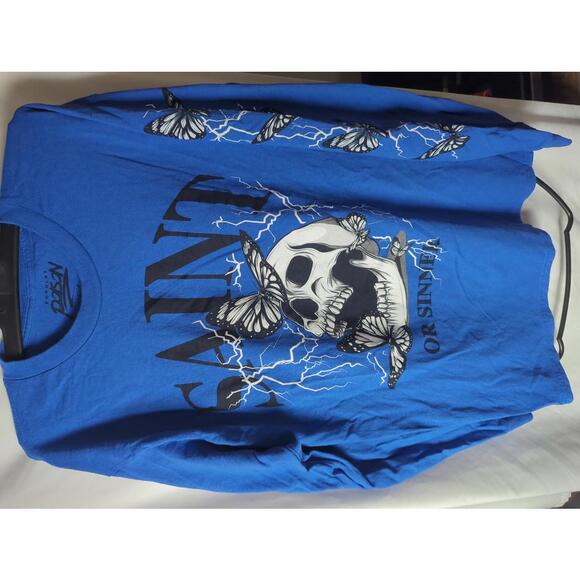 Popular Poison Blue Long Sleeve T-Shirt Saint or Sinner with Skull and Butterfly - Picture 1 of 7